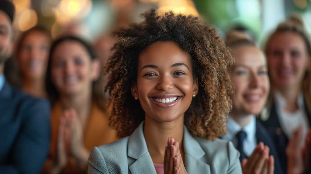 woman in front of crowd smiling