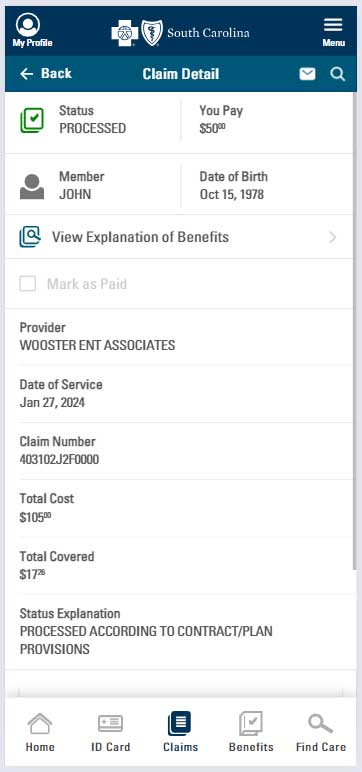 screenshot of explanation of benefits 