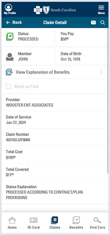 screenshot of explanation of benefits